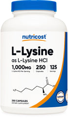 Nutricost L-Lysine bottle front view showing 1000mg potency for daily amino acid intake
