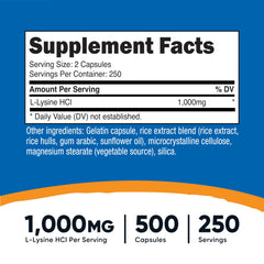 Nutricost L-Lysine capsules close-up highlighting 500mg capsules for dosing flexibility.