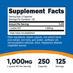 Nutricost L-Lysine capsules close-up highlighting 500mg per capsule