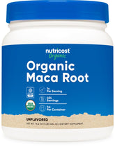 Nutricost Maca Root Powder 1lb bottle displayed, supports daily energy and balance.