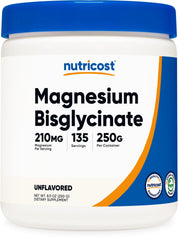 Nutricost Magnesium Bisglycinate Powder jar shows neutral formula for easy mixing