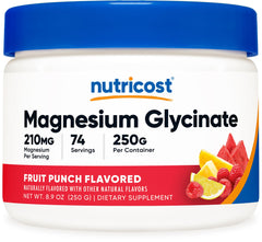 Nutricost magnesium glycinate powder in fruit punch bottle for daily wellness