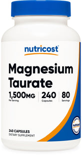 Nutricost Magnesium Taurate bottle front with 240 capsules for daily wellness support
