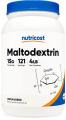 Nutricost Maltodextrin powder in a scoop, ready for pre-workout shakes.