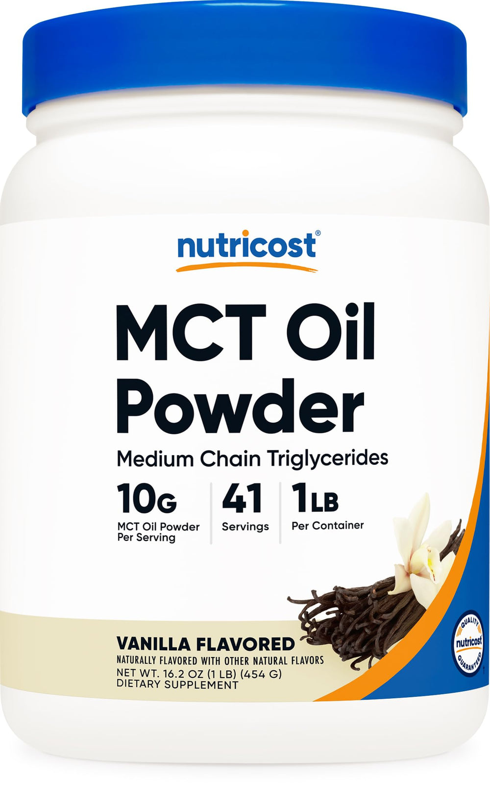 Nutricost Premium MCT Oil Powder Vanilla bottle with scoop for keto-friendly daily use