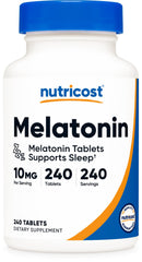 Nutricost Melatonin 10mg bottle front view, showing a 240-count supply for nightly routines.