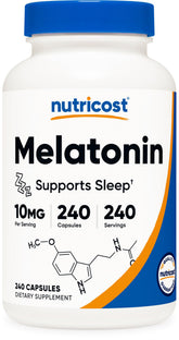 Nutricost Melatonin 10mg bottle close-up for a calm night routine