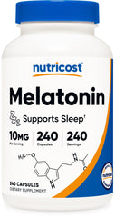 Nutricost Melatonin 10mg bottle close-up for a calm night routine