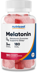 Nutricost Melatonin 3mg gummies strawberry bottle, easy nightly routine with 180 servings.