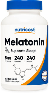 Nutricost melatonin 5mg bottle close-up highlighting potency and quality