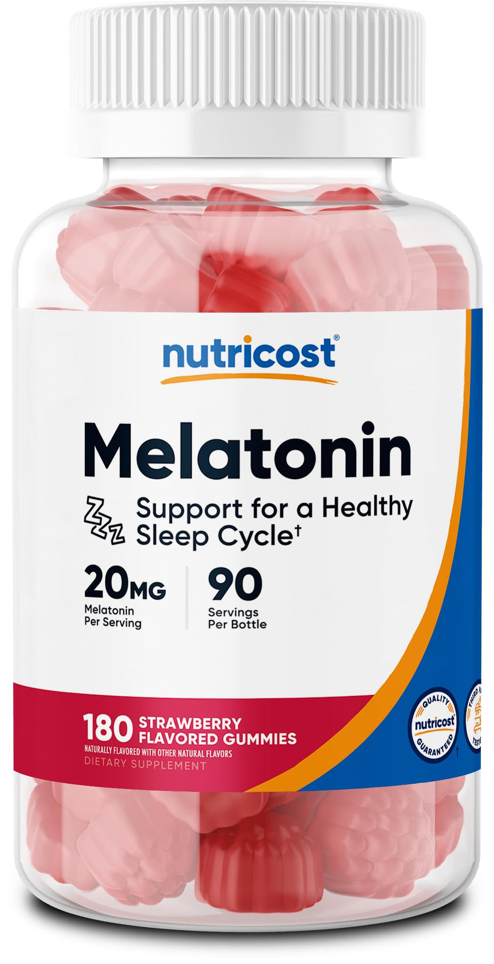 Nutricost Melatonin Gummies bottle highlights gluten-free formulation for peaceful evenings