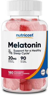Nutricost Melatonin Gummies bottle highlights gluten-free formulation for peaceful evenings