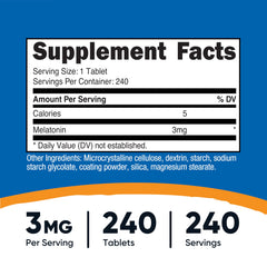 Nutricost Melatonin tablets close-up showing easy-to-swallow form for nightly use