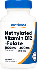 Nutricost bottle-front showing methylated B12 and folate for daily wellness.