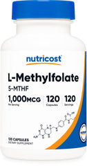Nutricost Methylfolate 1000mcg bottle with 120 capsules for daily wellness.