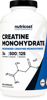 Nutricost micronized creatine monohydrate bottle, ideal for fueling strength training sessions