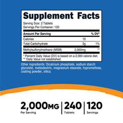 Nutricost MSM bottle label closeup highlights quality testing.