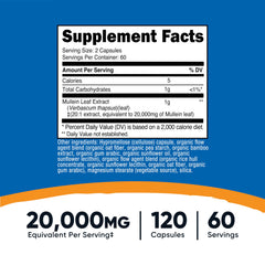 Nutricost Mullein Leaf Extract capsules close-up, showcasing easy-to-swallow vegan capsules