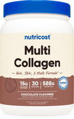 Nutricost Multi Collagen Milk Chocolate tub with scoop for daily use.