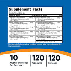Nutricost Mushroom Complex capsules close-up highlighting the 10-mushroom blend.
