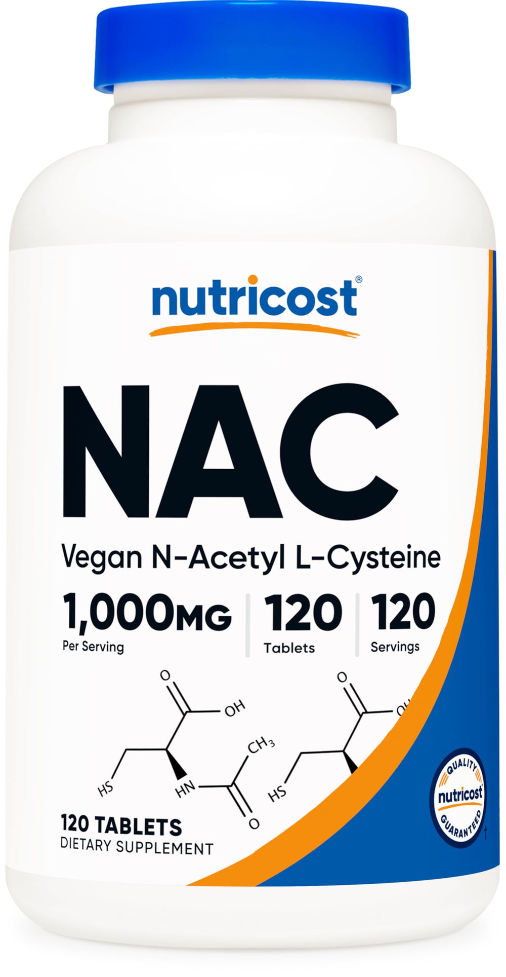 Nutricost NAC 1000 mg bottle front view, convenient vegan supplement.