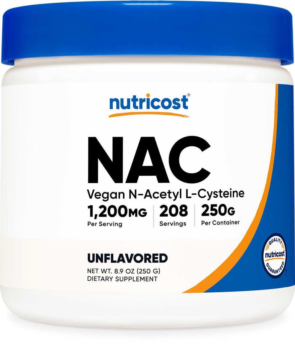 Nutricost NAC powder bottle front, vegan and gluten-free for daily use.