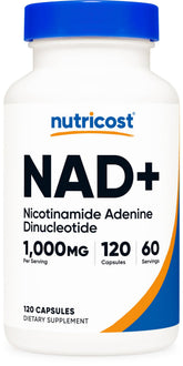 Nutricost NAD+ bottle front view, vegan and gluten-free supplement.