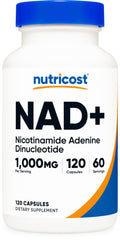 Nutricost NAD+ bottle front view, vegan and gluten-free supplement.