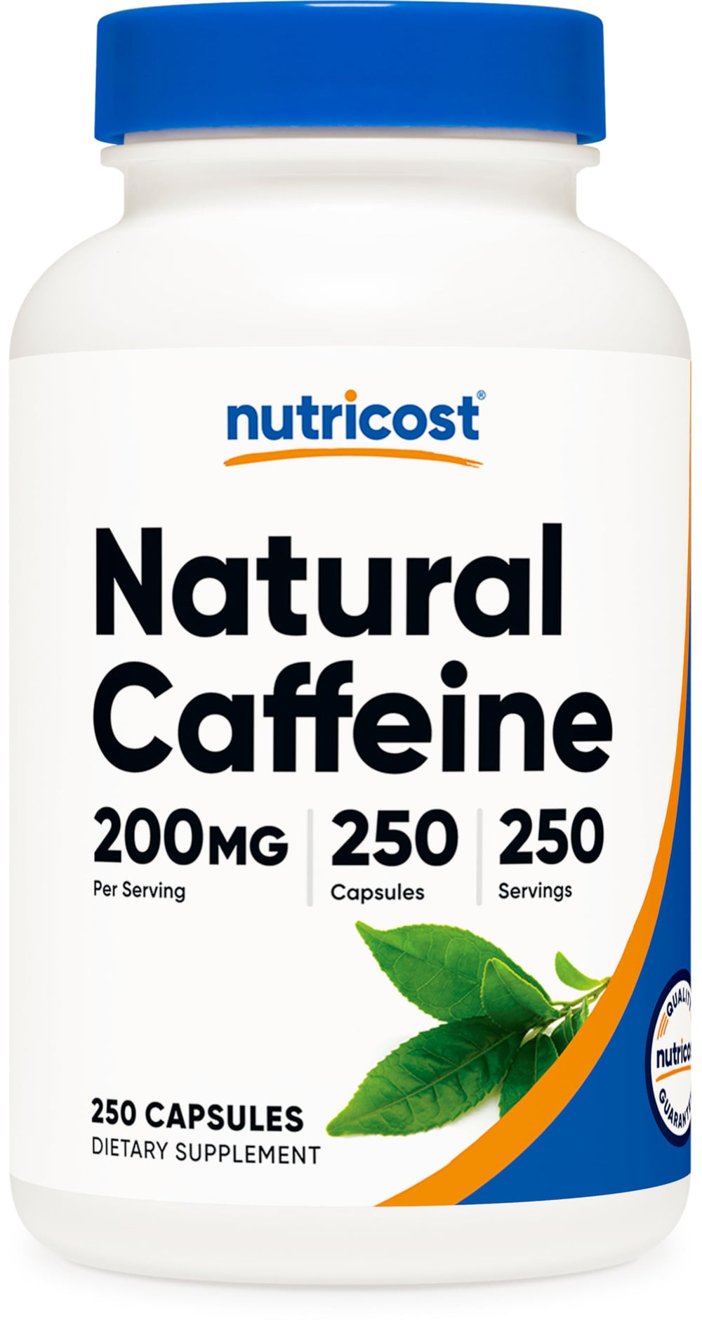 Nutricost Natural Caffeine bottle front showing a 250-serving container for steady energy