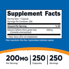 Closeup of Nutricost Natural Caffeine capsules ready to take