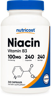 Nutricost Niacin 100mg bottle front view, ideal for daily supplement routines.