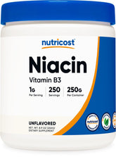 Nutricost Niacin powder bottle showing a 250 g jar for daily Vitamin B3