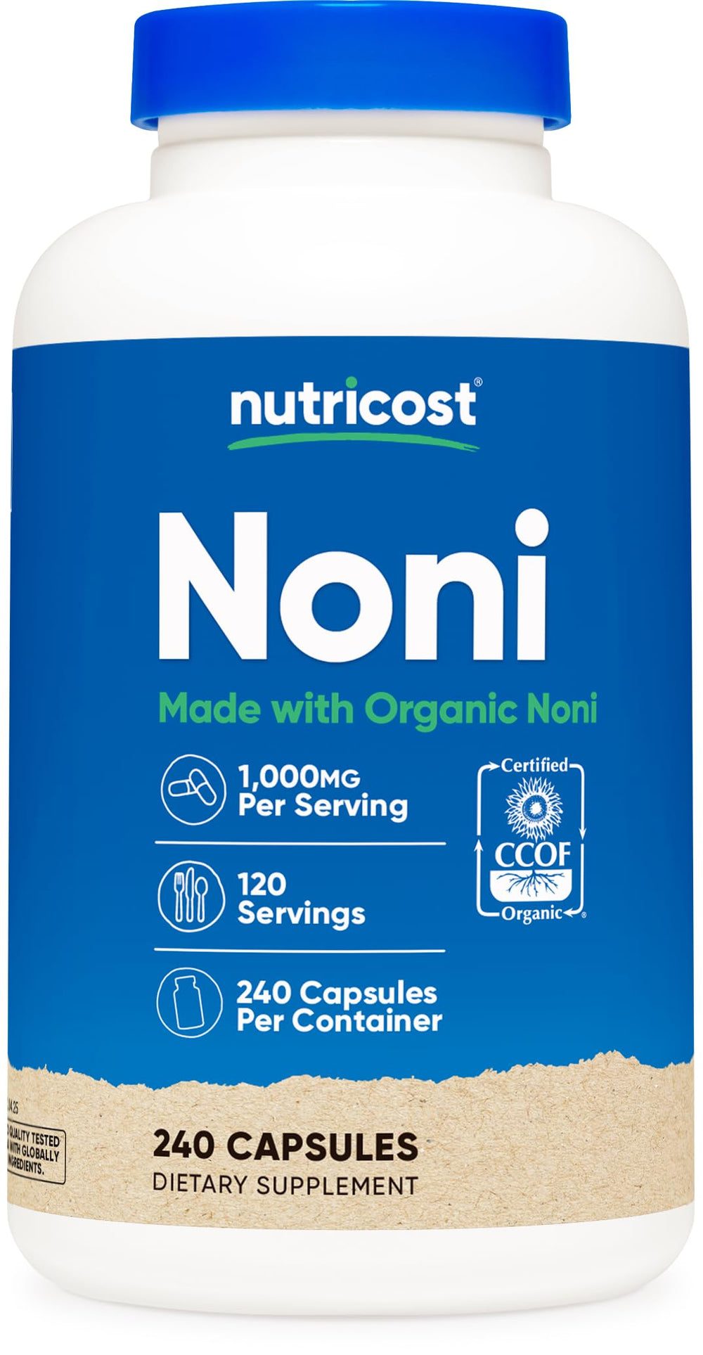 Nutricost Noni capsules bottle front label highlights organic quality.
