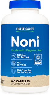 Nutricost Noni capsules bottle front label highlights organic quality.