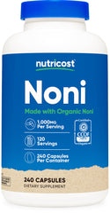 Nutricost Noni capsules bottle front label highlights organic quality.