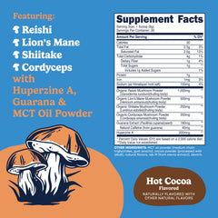 Nutricost Nutrizen AM Focus Hot Cocoa label highlights mushroom blend for focus-friendly routine