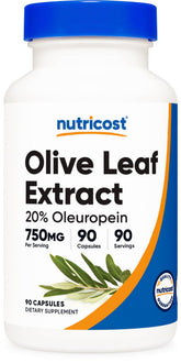 Nutricost Olive Leaf Extract bottle with 750 mg oleuropein for daily wellness.