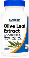 Nutricost Olive Leaf Extract bottle with 750 mg oleuropein for daily wellness.