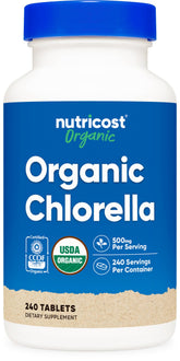 Nutricost Organic Chlorella 500mg tablets in bottle, front view, rich in chlorophyll.