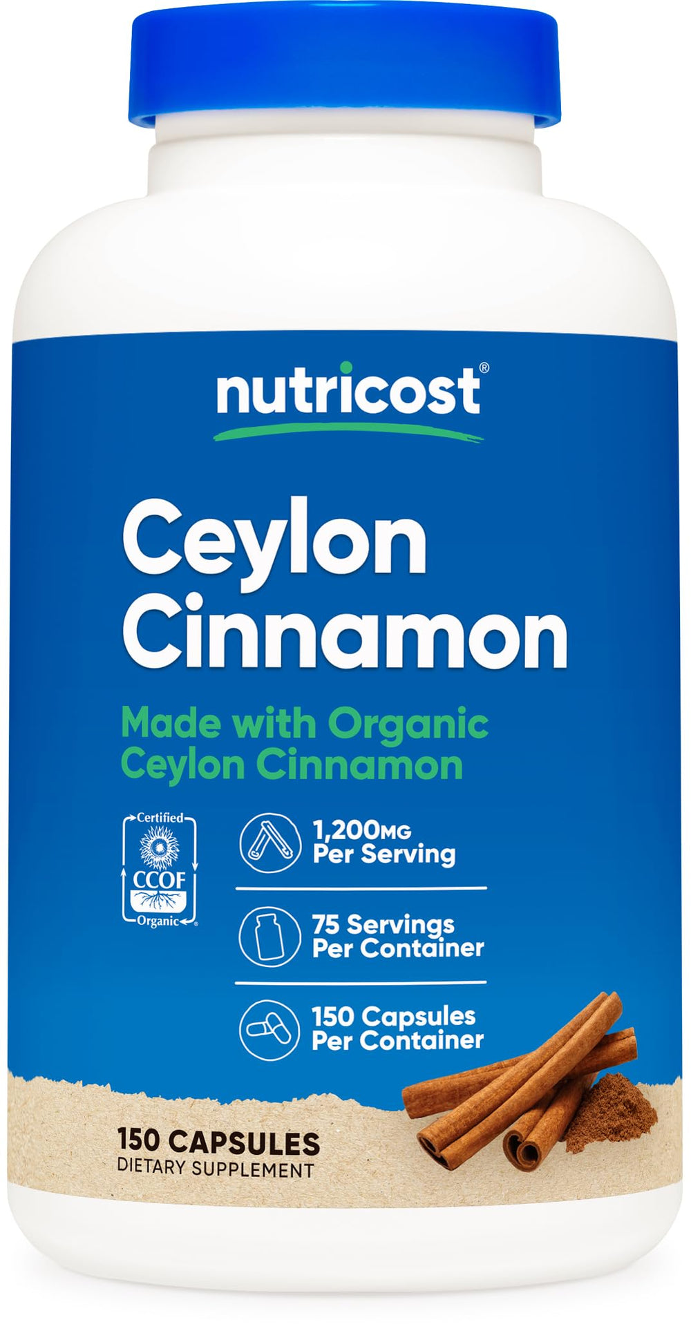 Nutricost Organic Cinnamon capsules bottle sits on a kitchen counter for daily supplementation.