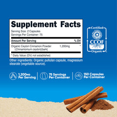 Nutricost Organic Cinnamon label close-up showing organic, gluten-free, and non-GMO details.