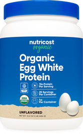 Nutricost Organic Egg White Protein Powder bottle on kitchen counter for clean protein.