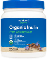 Nutricost Organic Inulin Powder bottle front with USDA Organic seal and fiber focus.