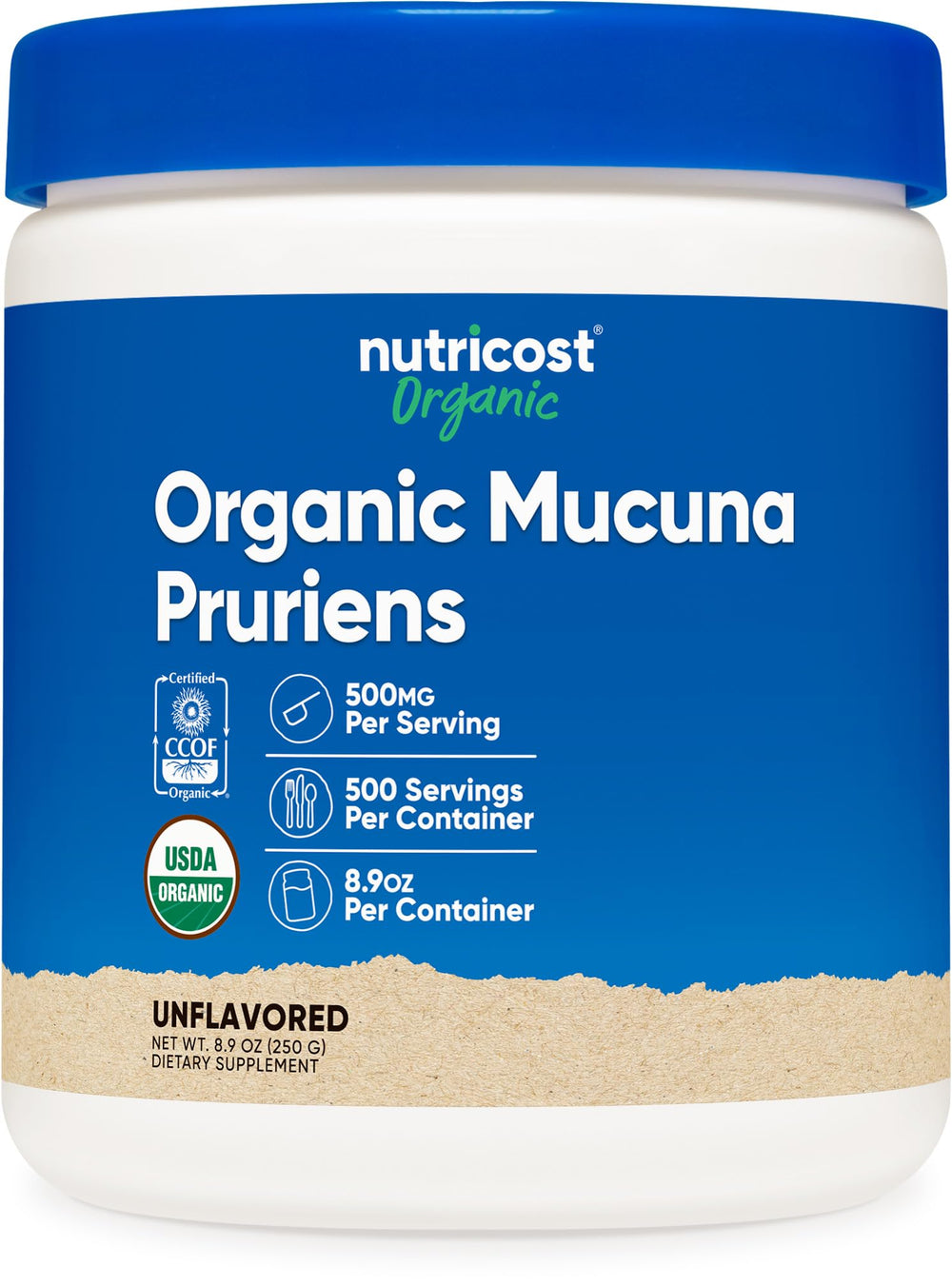 Nutricost Organic Mucuna Pruriens Powder bottle with scoop for daily use