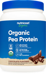 Nutricost Organic Pea Protein Chocolate container with USDA Organic certification.