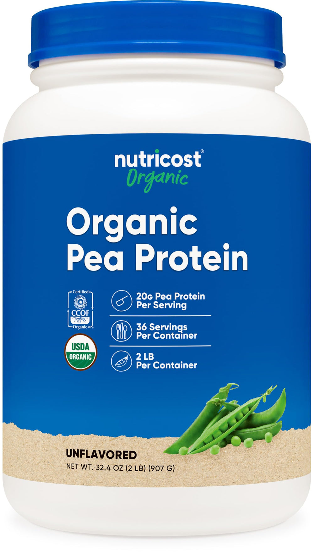 Nutricost Organic Pea Protein Isolate Powder front label highlighting USDA Organic certification and purity.
