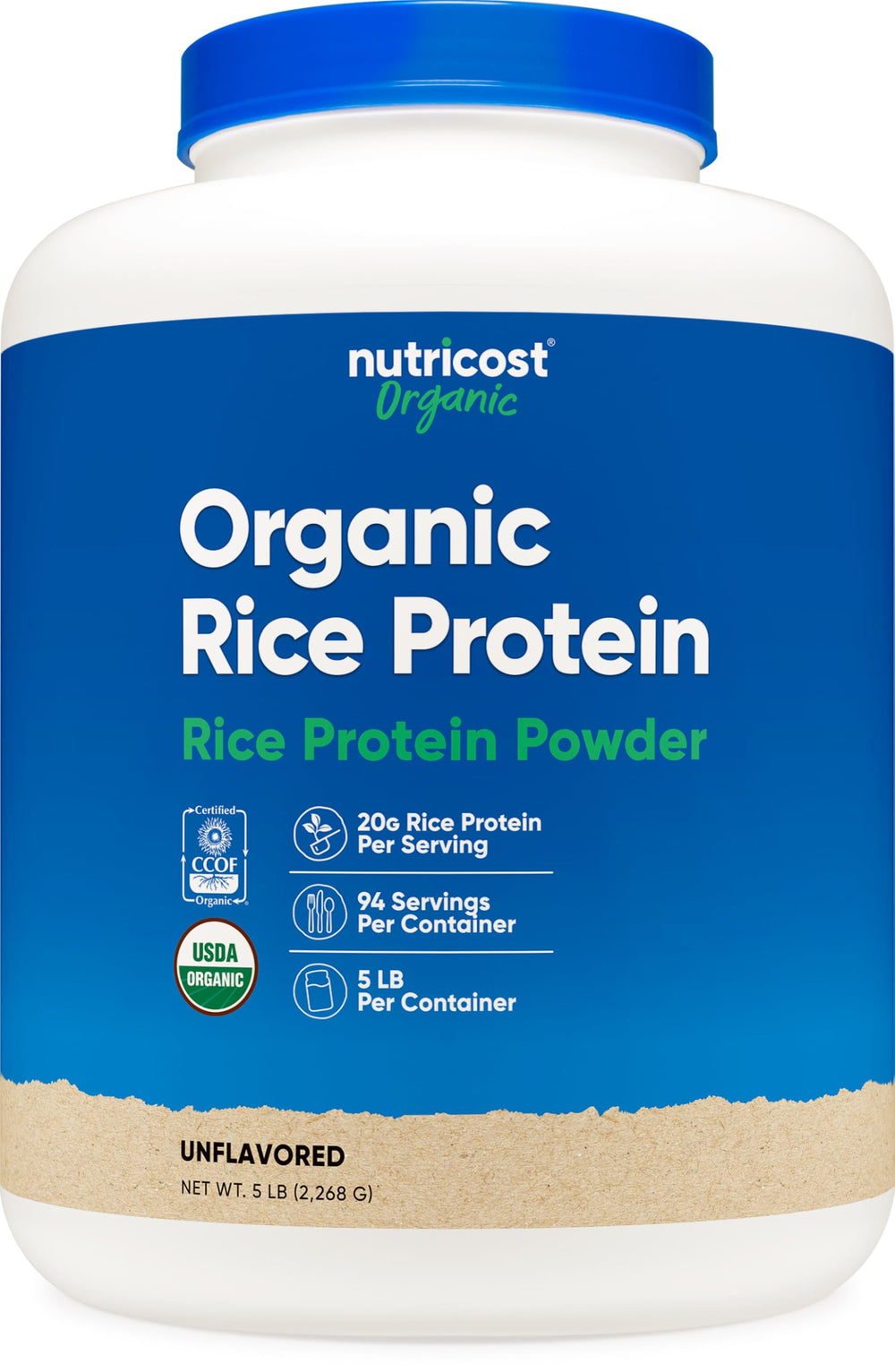 Nutricost Organic Rice Protein Powder 5 lb tub, ideal for plant-based meals and gluten-free diets.