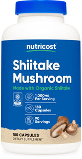 Nutricost Organic Shiitake Capsules bottle on shelf for daily vegetarian use