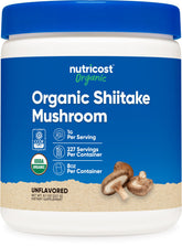 Nutricost Organic Shiitake Powder bottle front with 100% organic and gluten-free labeling