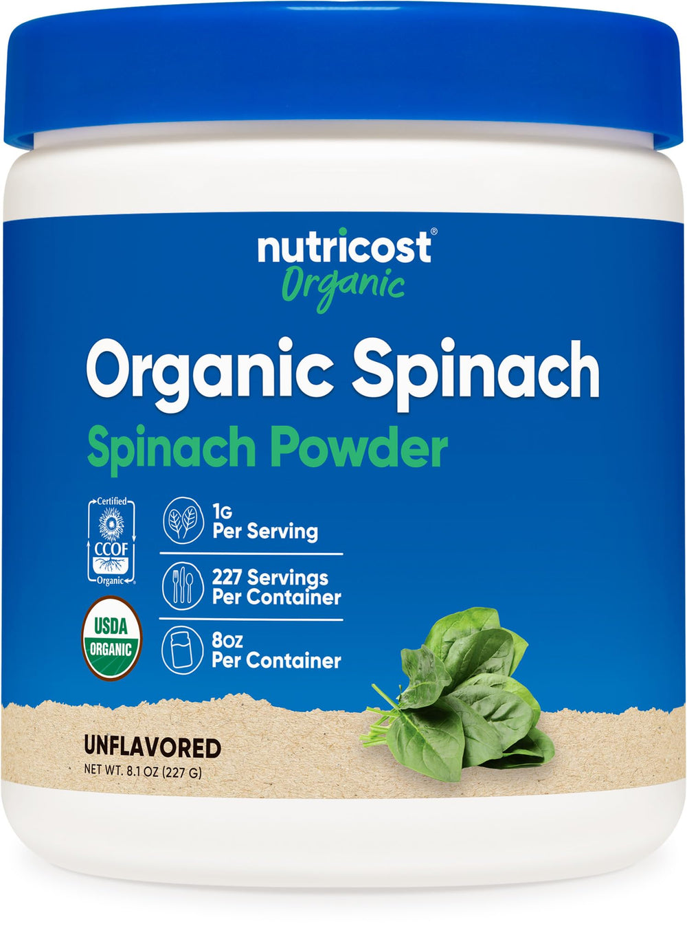 Nutricost Organic Spinach Powder bottle for convenient daily greens, non GMO and gluten free.